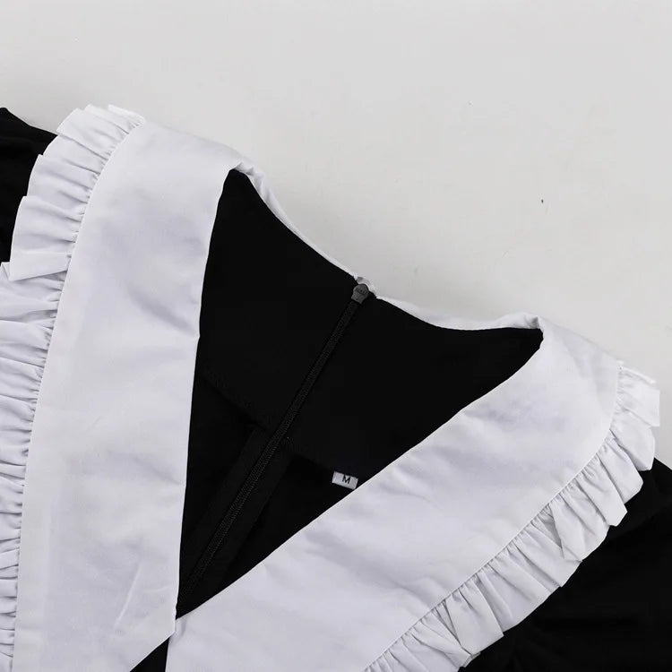 Tuularose Black Patchwork Dress Women's New Elegant Pleated A-Line Short Dress High Waist Office Lady Retro Party Dress Vestidos