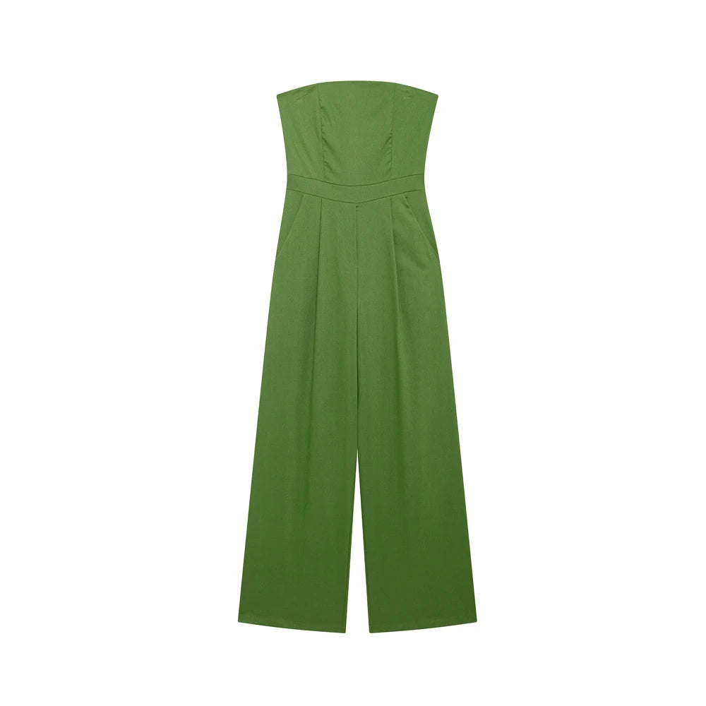 TRZA-Strapless Linen Jumpsuits for Women, Straight Neck, Back Zipper, Female Playsuits, Chic Fashion