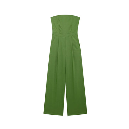 TRZA-Strapless Linen Jumpsuits for Women, Straight Neck, Back Zipper, Female Playsuits, Chic Fashion