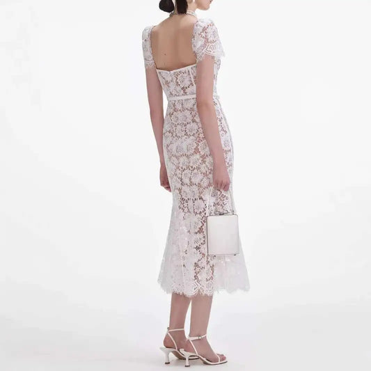 Luxury Hollow Out Long Lace Dresses Women Summer Sexy Hook Crochet Embroidery Flower Solid Backless Wedding Evening Vestidos