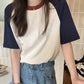 AOSSVIAO Summer Tops for Women Tshirt Turn Down Collar Short Sleeve Beige Blue Chic Y2k Fashion Patchwork 2025 T Shirts