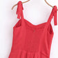 French Red Holiday Party Sling Summer Dress For Women Bow Shoulder A-line Slim Midi Chiffon Dresses