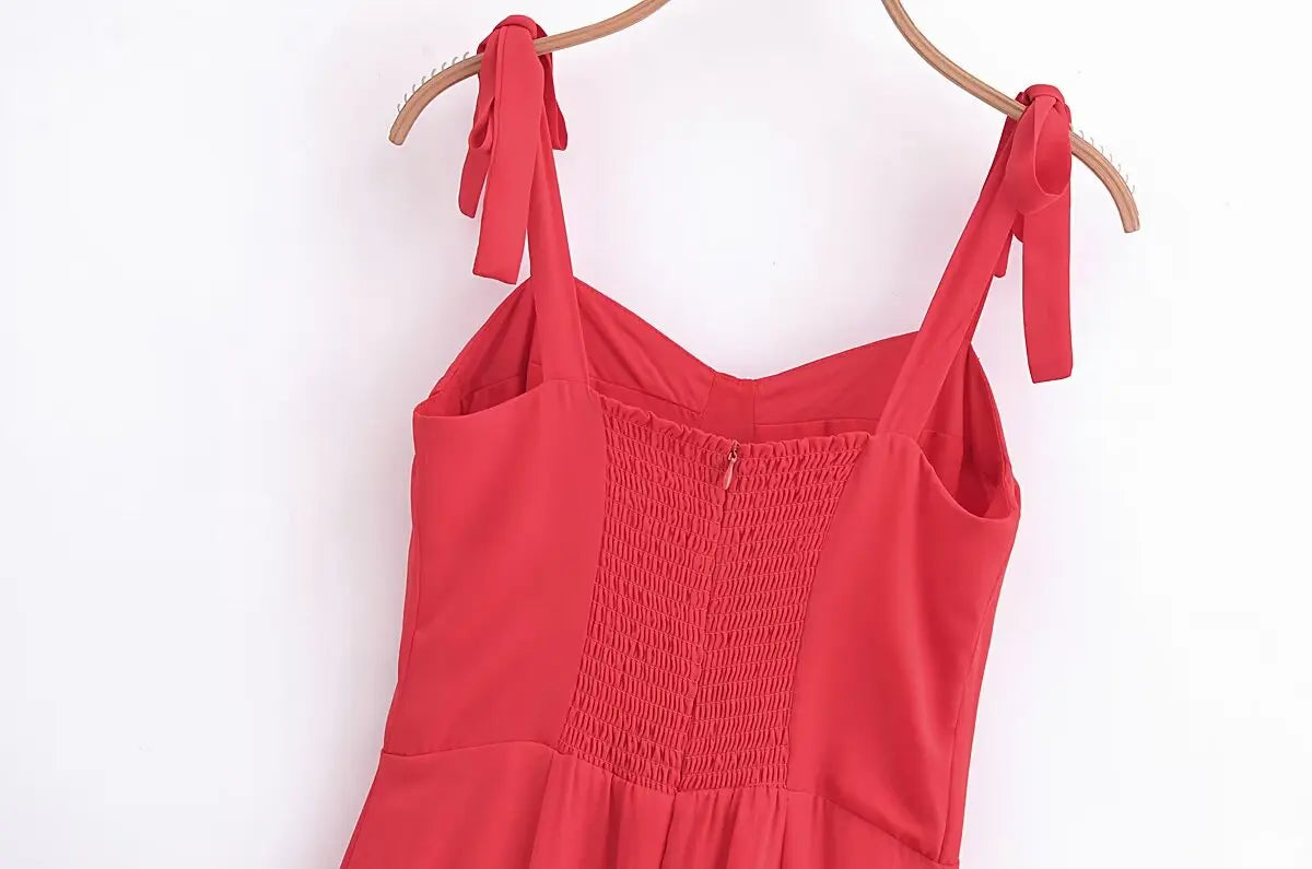 French Red Holiday Party Sling Summer Dress For Women Bow Shoulder A-line Slim Midi Chiffon Dresses