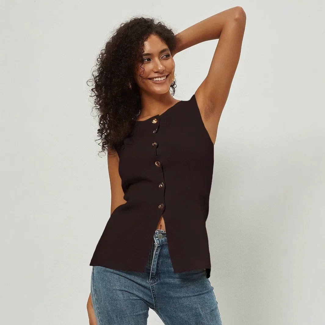 Slim Fit Knitted Vest Single Button Women's Style Cross-Border Clothing Crew Neck Tank Top Fashionable And Stylish