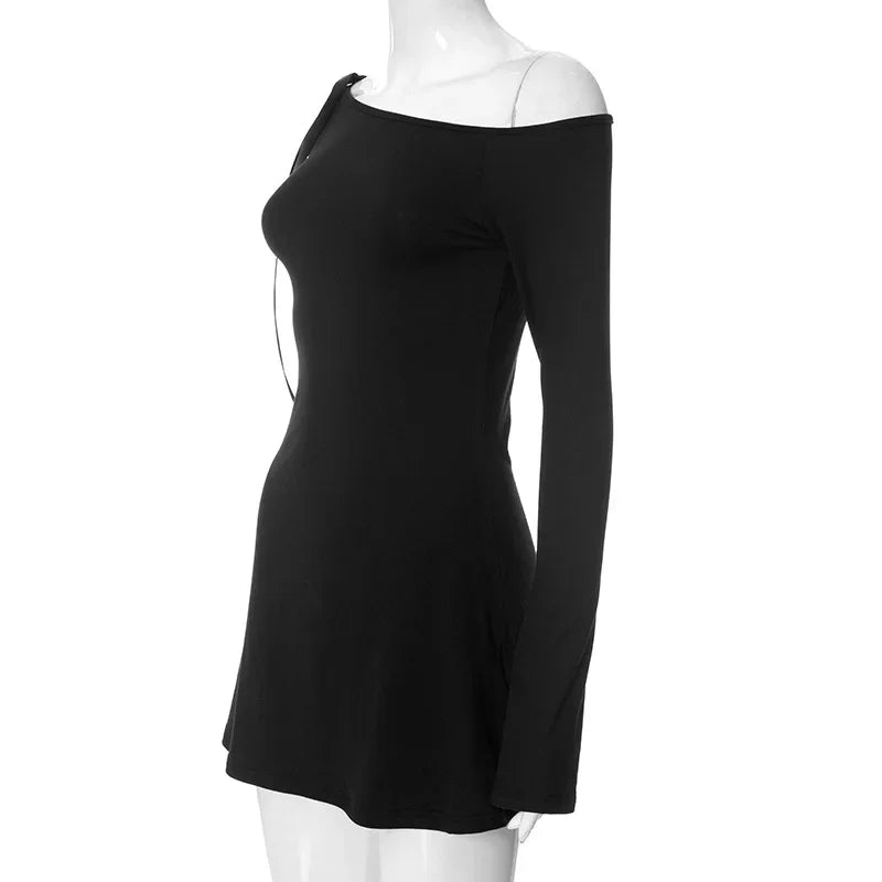 Black Dress For Women Streetwear Lace-up Inclined Collar Hot Vestidos Elegantes Para Mujer Long Sleeve Asymmetrical Y2k Clothes
