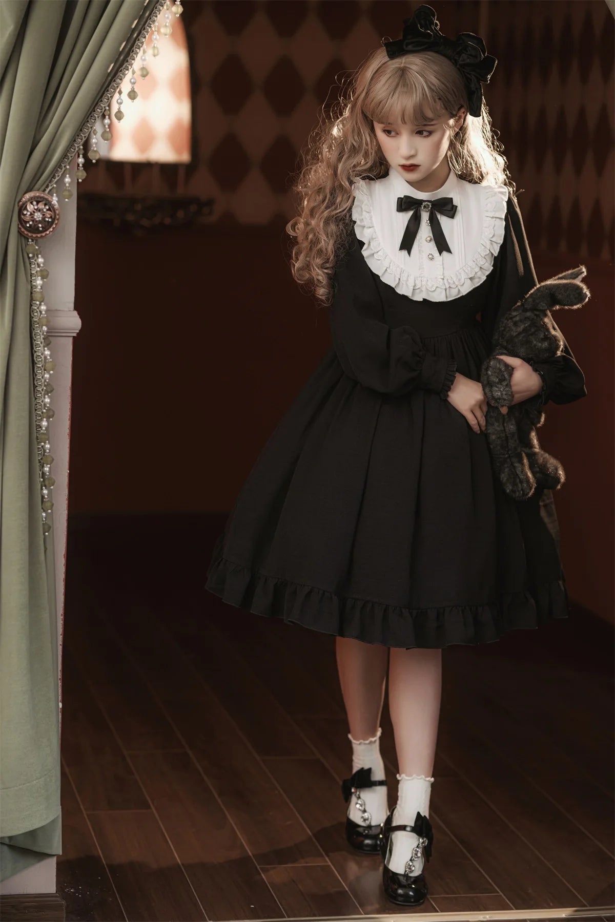 Contract Color Lolita Dress for Women Gothic Style Dark Girl Japanese Retro Op Dress Autumn and Winter Long Sleeve Black Dress