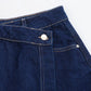 TRAFZA Summer Women Suits Denim Blue Turn-Down Collar Short Sleeves Pocket Decoration Shirts+Mid Waist Asymmetrical Shorts