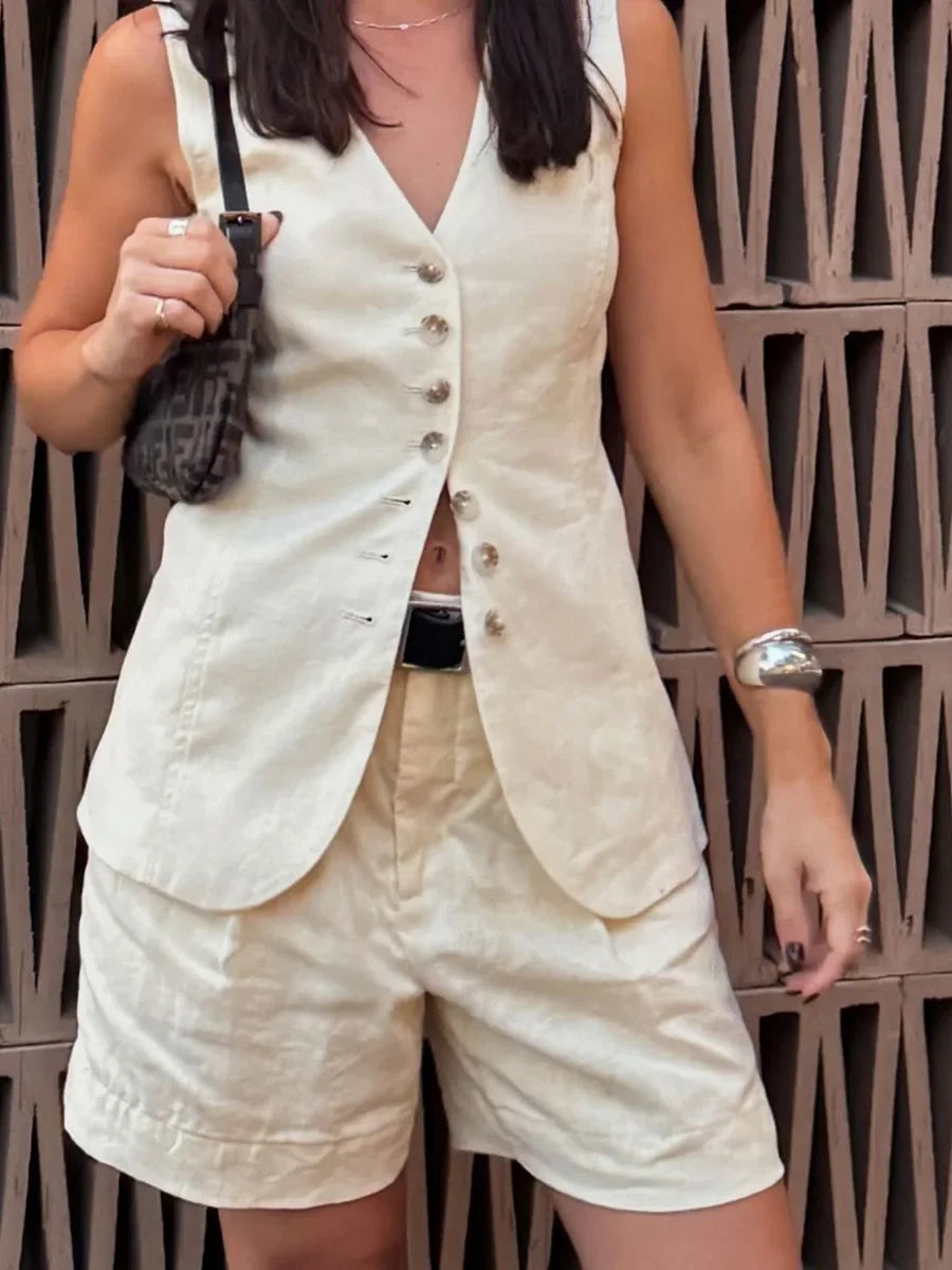 Wolfeel Cotton linen Chic Casual Vest Shorts Set Women's Fashion Commuter Sleeveless Tank Top Loose Shorts Suits Summer New
