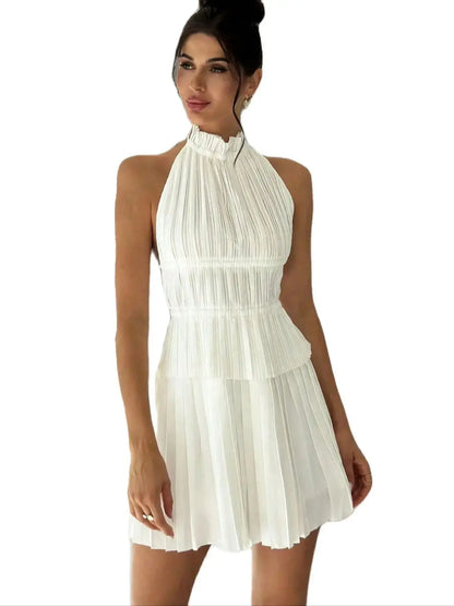 Women's Summer Elegance Back to school season commuter vacation Street fashion halter pleated halter Strap top and high wai
