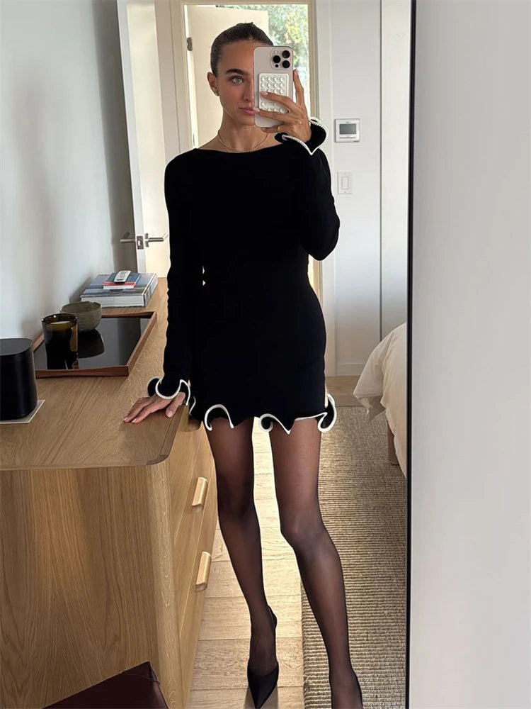TARUXY Spring New Knitted Mini Dress For Women Fungus Contrast Color Slim Sweater Dress Elegant Female Party Clothes Long Sleeve