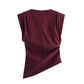 TRAFZA Vintage Chic Women Solid Asymmetric O-Neck Zipper Sleeveless Cross Folds Top Fashion 2025 Streetwear Padded Shoulder Top