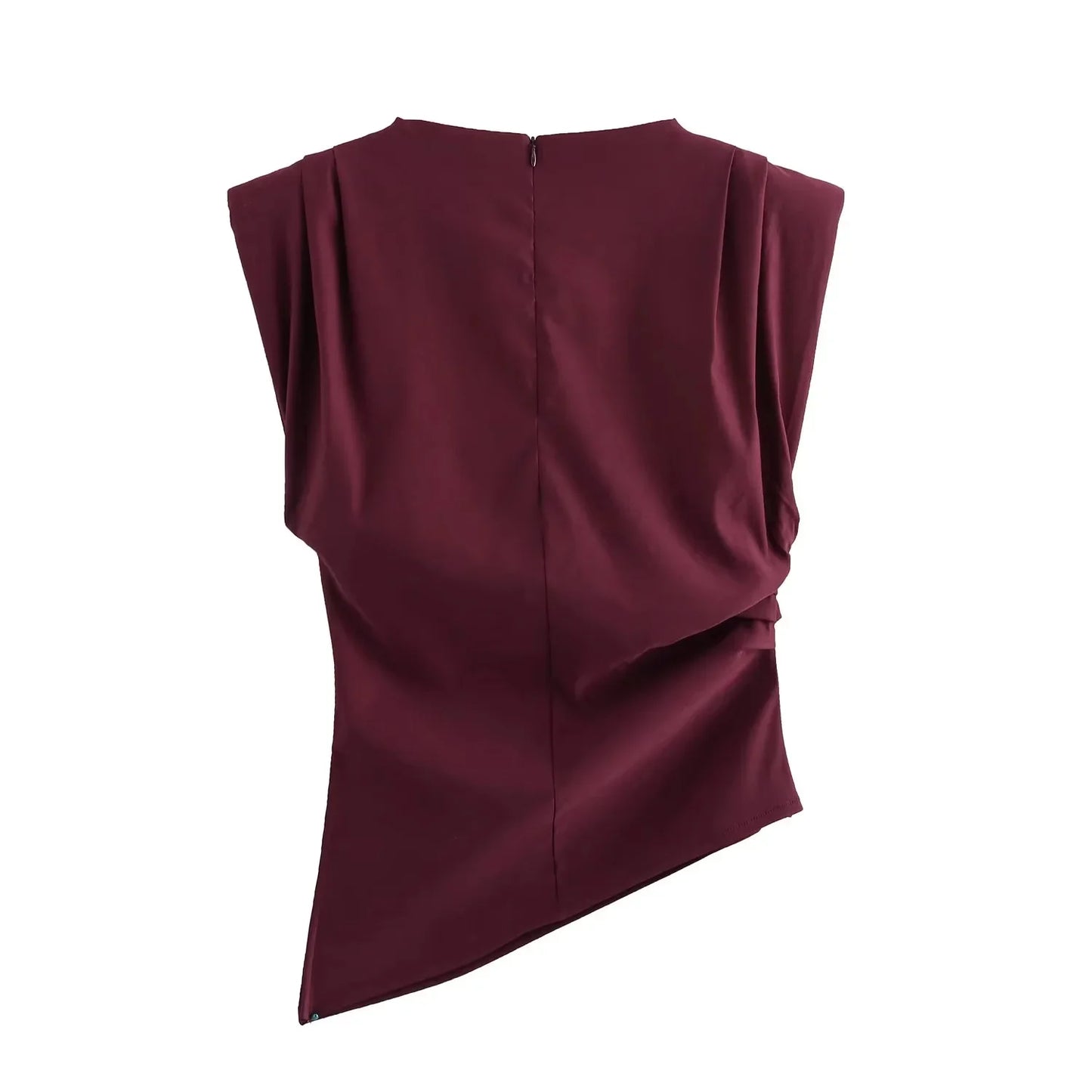 TRAFZA Vintage Chic Women Solid Asymmetric O-Neck Zipper Sleeveless Cross Folds Top Fashion 2025 Streetwear Padded Shoulder Top