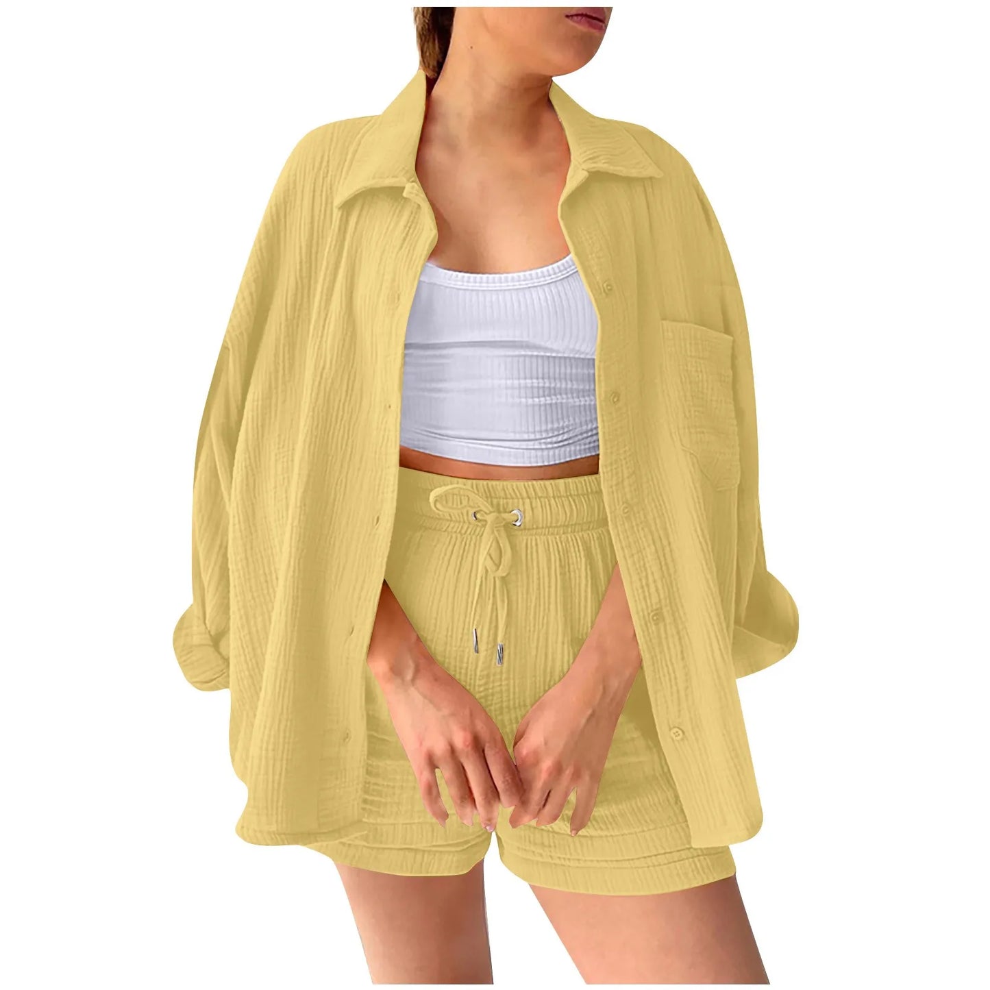Summer Cotton Linen High Waist Shirt Shorts Women Turn Down Collar Long Sleeve Tops and Shorts Suit Cotton Casual Two Piece Sets