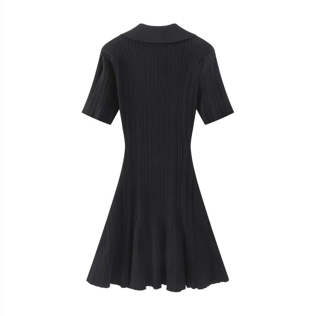 Summer New Women's Turn Down Collar Short Sleeve Knitted Mini Dress Slim Fit A-line Diamond Buttons White Short Dress  C-050