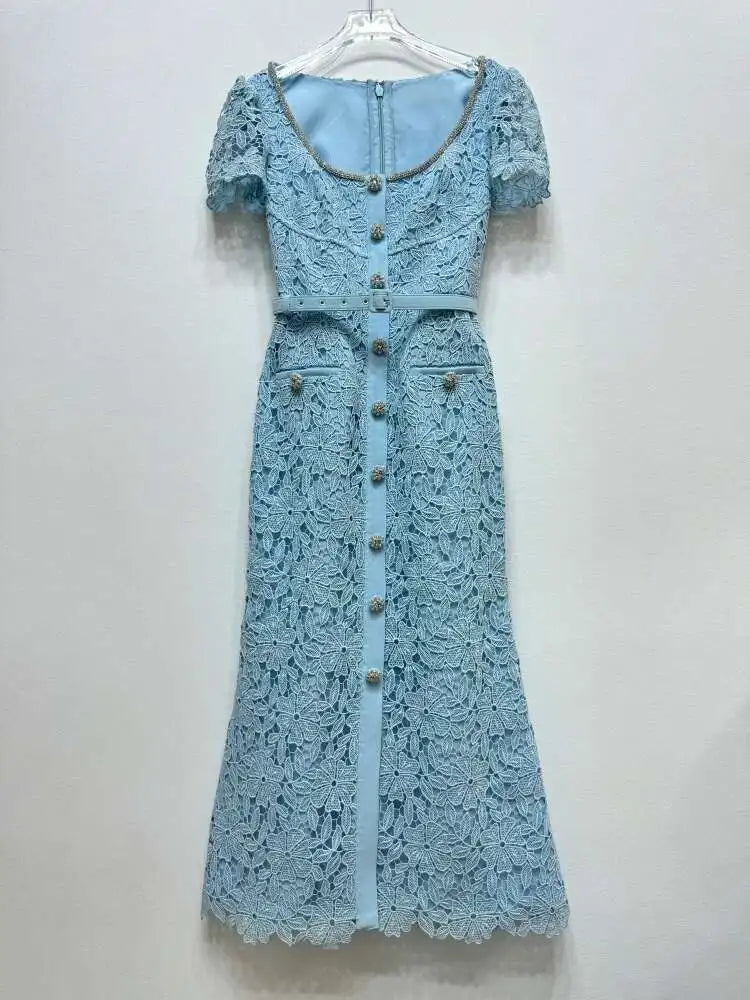JAMERARY Brand Designer Summer Black Lace Evening Prom Dress Women Diamond Button Short Sleeve Midi Long Party Vestidos Quality