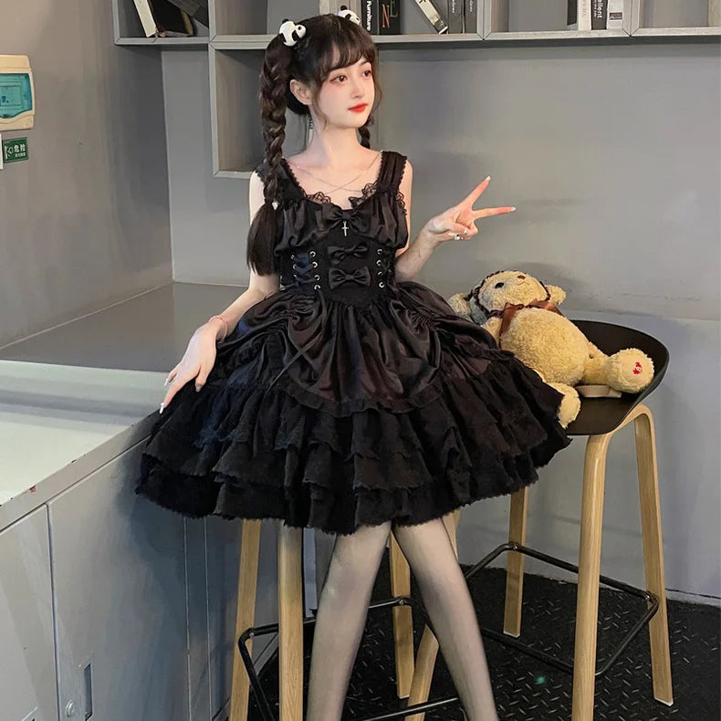 Japanese Lolita Dark Gothic Style JSK Lace Stitching Bow Lace-up V-neck Sleeveless High Waist Hot Sweet Black Cake Dress Women