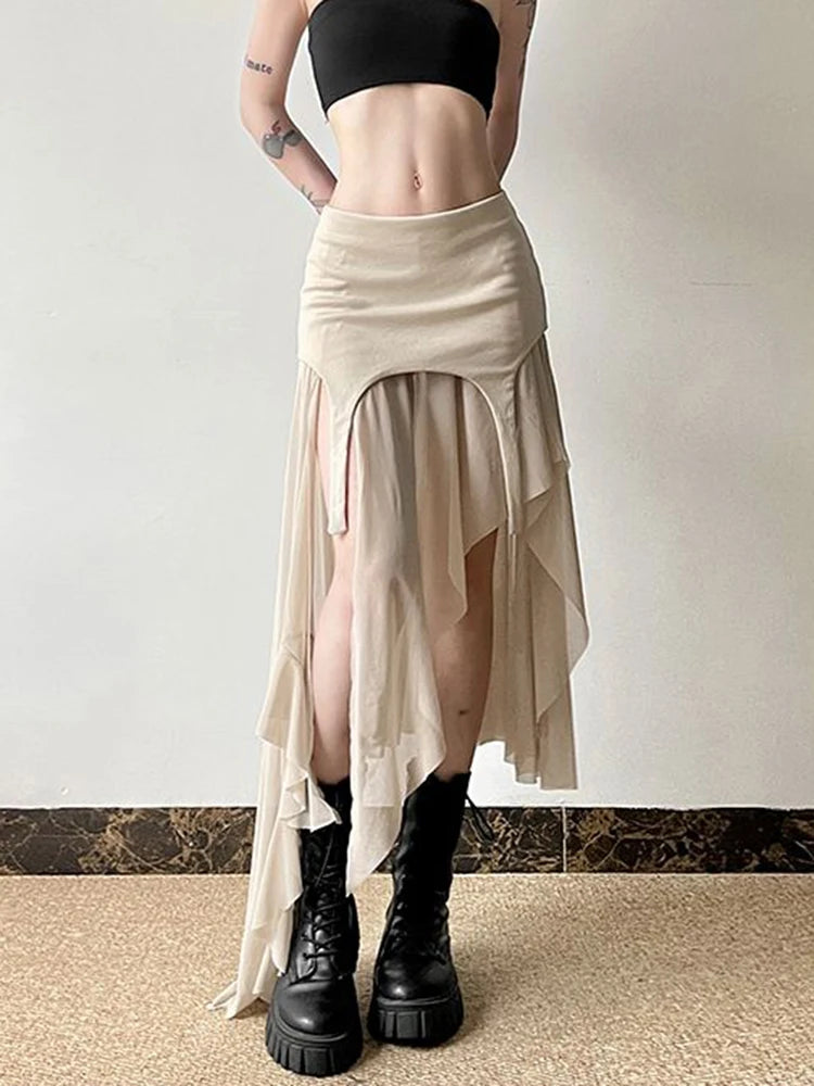 Zoki Sexy Irregular Y2K Skirts Women Vintage American High Waist Slim Slit Long Skirt Casual Lady Streetwear Retro Summer Skirts