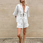 TARUXY Fashion White Cotton Linen Hollow Out Lace Up Top And Short Pants Suit Women's Loose Top Casual Splice Sets Lady Summer