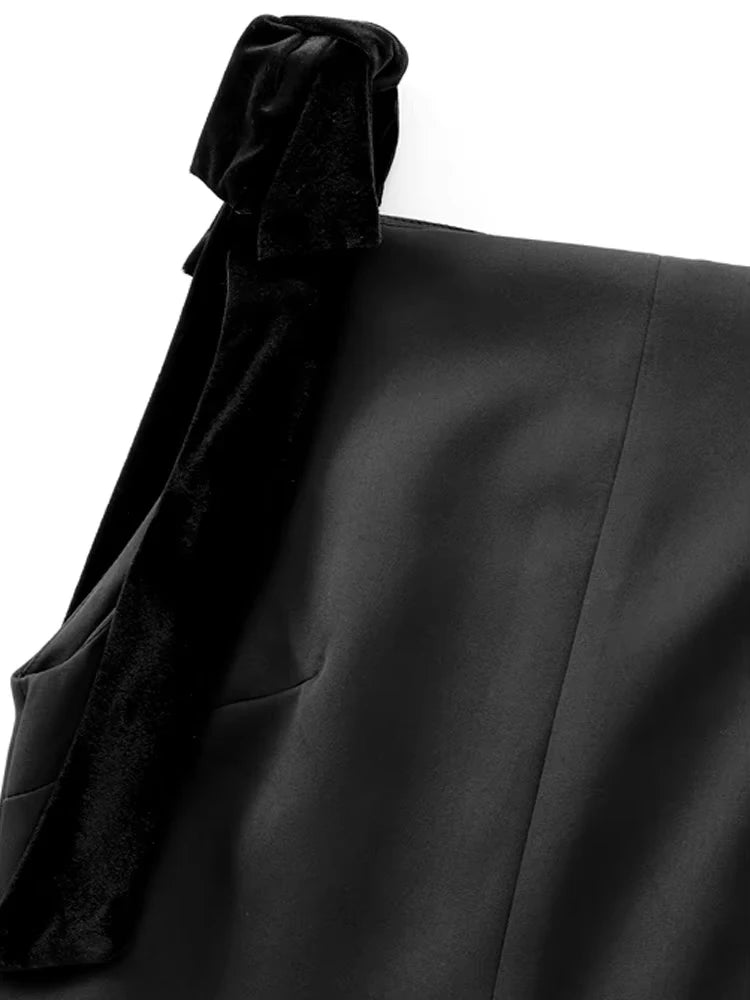 TRZA-Women's Contrast Velvet Bow Mini Dress, Straight Neck, Back Zipper, Female Dresses, Sexy Fashion