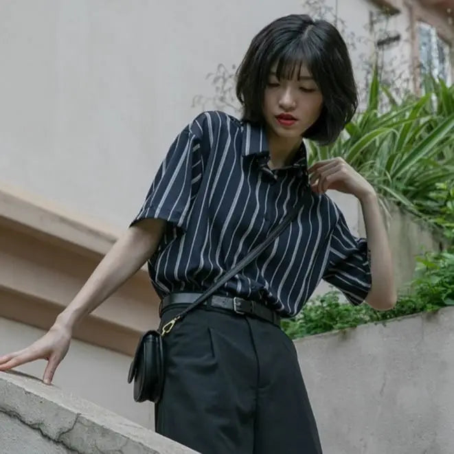 XEJ Elegant and Youth Woman Blouses Short Sleeve Striped Shirt British Style Summer Shirts for Women Fashion Retro Shirt