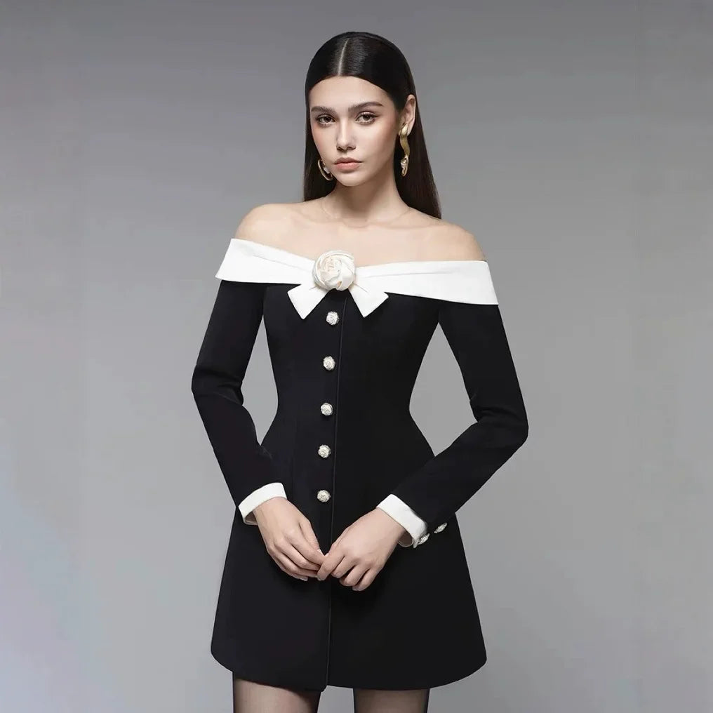 Preorder Hepburn Style Spliced Mini Black Dress French Noble One Shoulder Suit Dress A- Line Skirt Women Polyester Fiber Full Sl