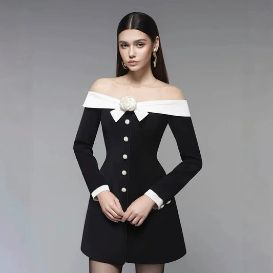 Preorder Hepburn Style Spliced Mini Black Dress French Noble One Shoulder Suit Dress A- Line Skirt Women Polyester Fiber Full Sl