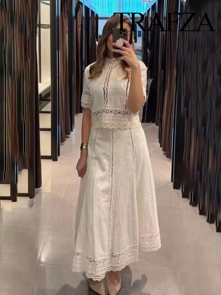 TRAFZA Women Fashion O-Neck Crocheting Details White Skirt Suit Short-sleeve Blouse+Side Zipper White Pleated Midi Se Long Skirt
