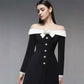Preorder Hepburn Style Spliced Mini Black Dress French Noble One Shoulder Suit Dress A- Line Skirt Women Polyester Fiber Full Sl