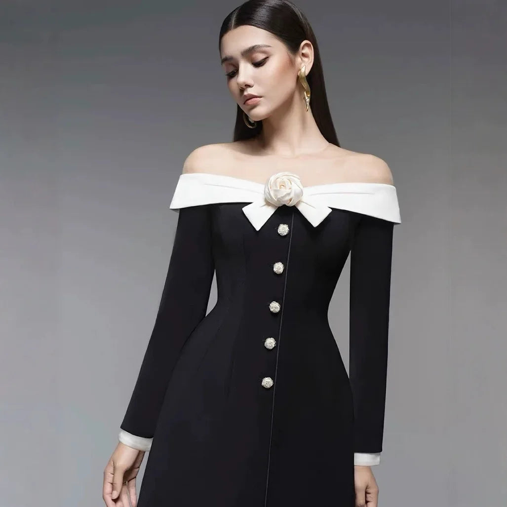 Preorder Hepburn Style Spliced Mini Black Dress French Noble One Shoulder Suit Dress A- Line Skirt Women Polyester Fiber Full Sl