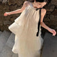 Vintage Women Beige Elegant Off Shoulder Evening Party Dress Summer Sleeveless Vacation Pleated Halter Cake Long Sundress Simple