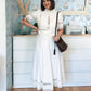 TRAFZA Women Fashion O-Neck Crocheting Details White Skirt Suit Short-sleeve Blouse+Side Zipper White Pleated Midi Se Long Skirt