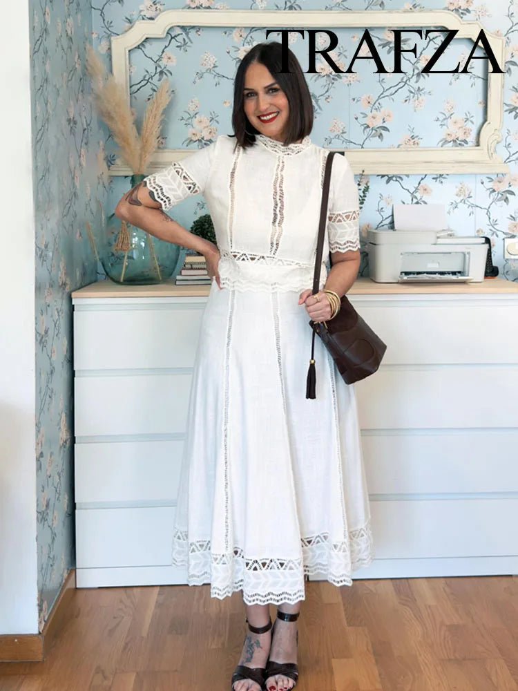 TRAFZA Women Fashion O-Neck Crocheting Details White Skirt Suit Short-sleeve Blouse+Side Zipper White Pleated Midi Se Long Skirt