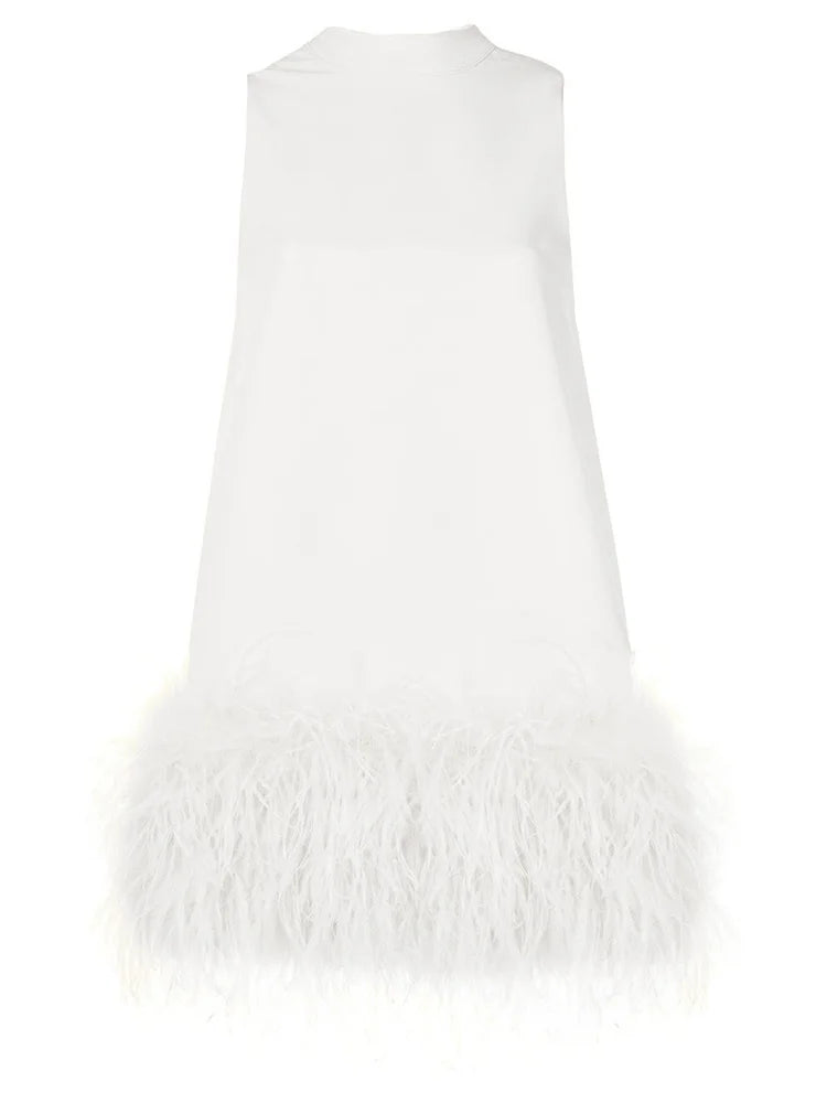 TWOTWINSTYLE Feather Fur Dress For Women O Neck Sleeveless Loose Tassel A Line Dresses Female Streetwear 2022 Summer Fashion New