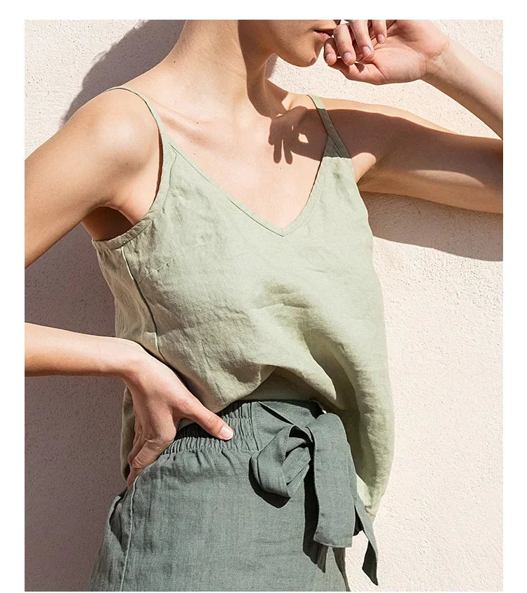 Pure Color Cotton Linen Sleeveless V-Neck Women's Tank Top Loose Fit Simple Style Outerwear Casual Comfortable Vest