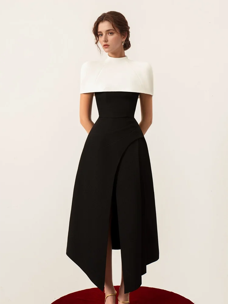 TWOTWINSTYLE Detachable Cloak Elegant Dresses For Women Square Collar Sleeveless High Waist Hit Color Split Dress Female Fashion