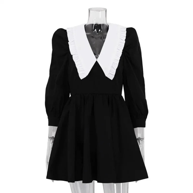 Tuularose Black Patchwork Dress Women's New Elegant Pleated A-Line Short Dress High Waist Office Lady Retro Party Dress Vestidos