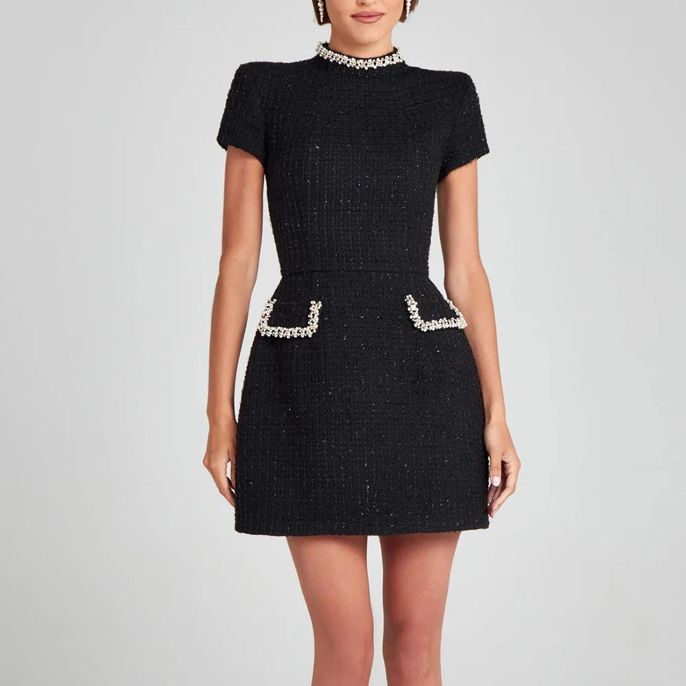 Talenza Long Sleeve Tweed Dress Women's Elegant Square Neck Luxury Party Evening Gown Retro Slim Patchwork Short Dress Vestido