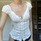 2024 New White Lace Tied Square Neck Summer T-shirts Chic Elegant Short Sleeve Tee Cotton Y2K Street Casual Bow Tie-up Top Women