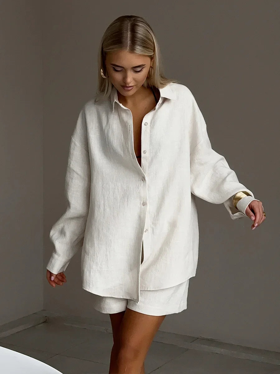 Wolfeel Women's Casual Shorts Sets 100% Cotton Solid Color Cozy Lapel Long Sleeve Shirt Summer New Elastic Waist Shorts Suits