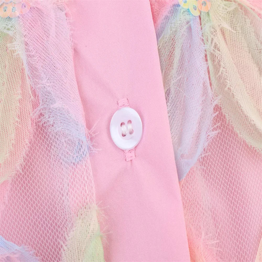 PB&ZA 2025 Women's Pink Short - length Blouse with Colorful Floral Embroidery Puff Sleeves and Collar for a Sweet Look