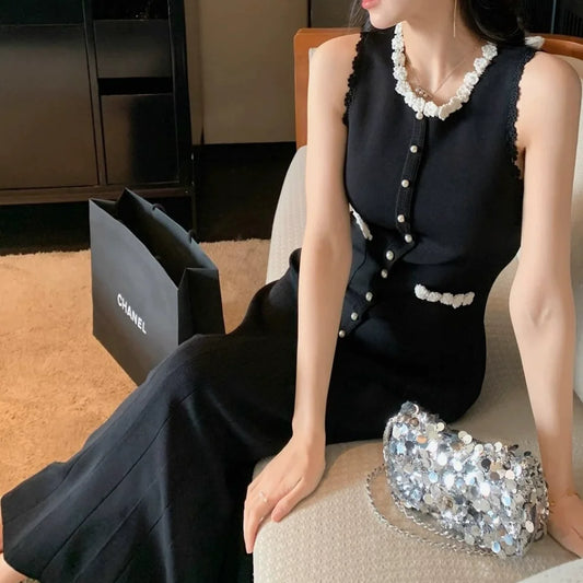 Black Crochet Flower Long Knitted Dress Women 2025 Early Spring New Elegant Sleeveless Slim Dress 5250014