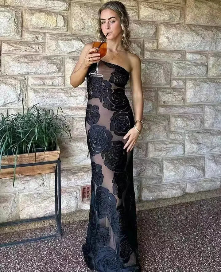 Mingmingxi Black Mesh Birthday Dress for Women 2024 One Shoulder Sexy Long Dress Slim Elegant Flower Wedding Guest Party Dresses