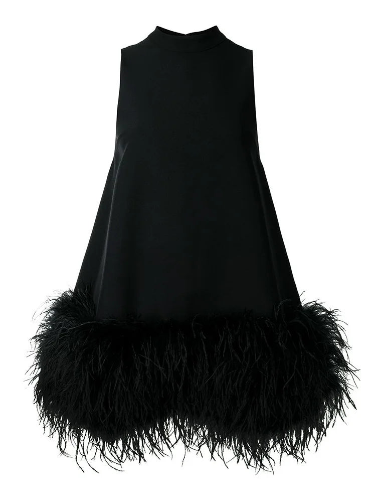 TWOTWINSTYLE Feather Fur Dress For Women O Neck Sleeveless Loose Tassel A Line Dresses Female Streetwear 2022 Summer Fashion New