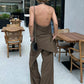 TRAFZA Women Vintage Solid Pant Sets Sexy Backless Halter Camis Top Asymmetric Tank Top + Drawstring Trousers Fashion Streetwear