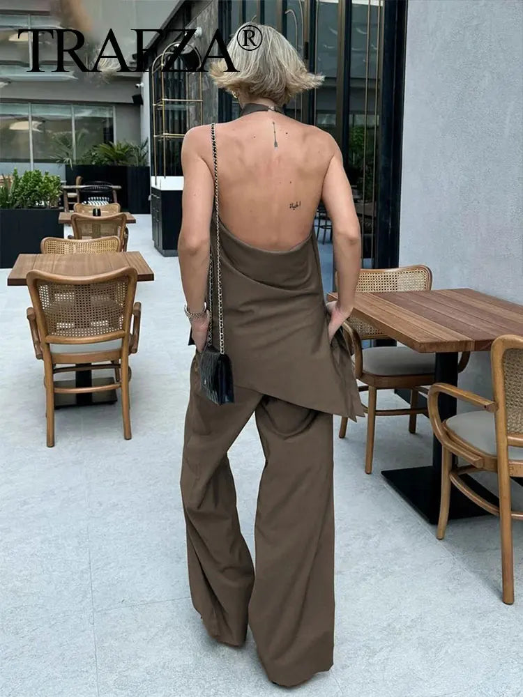 TRAFZA Women Vintage Solid Pant Sets Sexy Backless Halter Camis Top Asymmetric Tank Top + Drawstring Trousers Fashion Streetwear