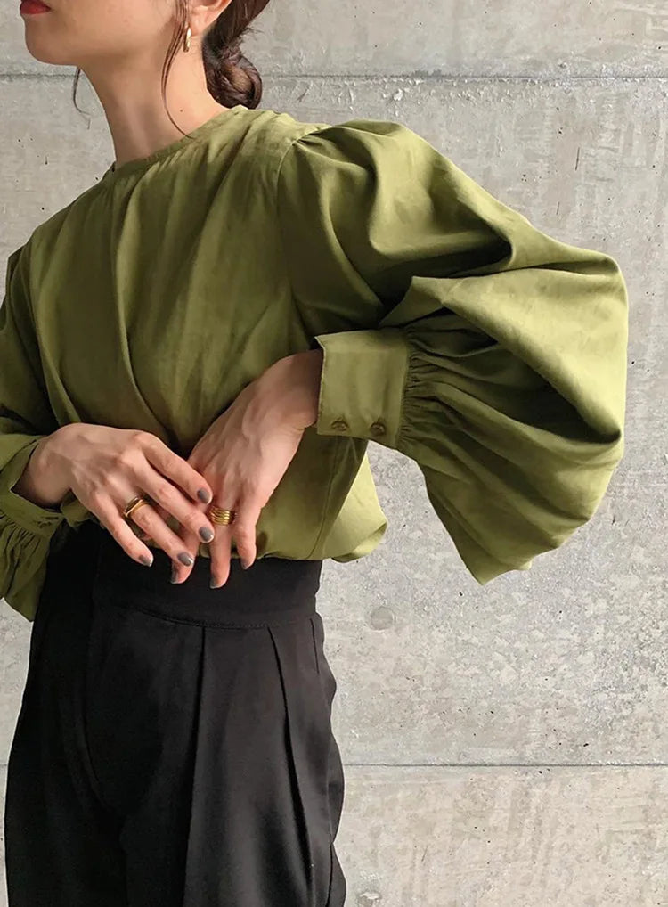 Japan Style Office Lady Elegant Vintage Blouse Women O-neck Loose Lantern Sleeve Shirts Solid All-amtch Blusas Autumn Ladies Top