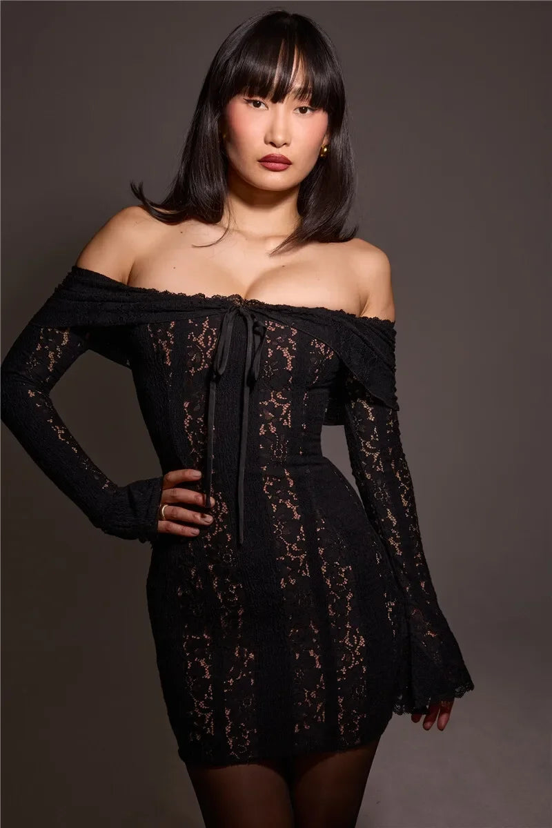 Oligai Winter Lace Long Sleeve Evening Party Dresses Women 2025 Black Sexy Elegant Maxi Dress Fashion Long Wedding Guest Dress