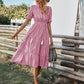 Women's Causal Striped Tassel Medium Long Dress V Neck Button Short Sleeve Spring Summer Dress