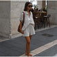 Ensemble décontracté pour femme en coton et lin rayé, chemise ample à manches mi-longues avec col à revers, shorts élastiques à taille haute, tenue d'été pour femme