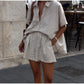 Ensemble décontracté pour femme en coton et lin rayé, chemise ample à manches mi-longues avec col à revers, shorts élastiques à taille haute, tenue d'été pour femme